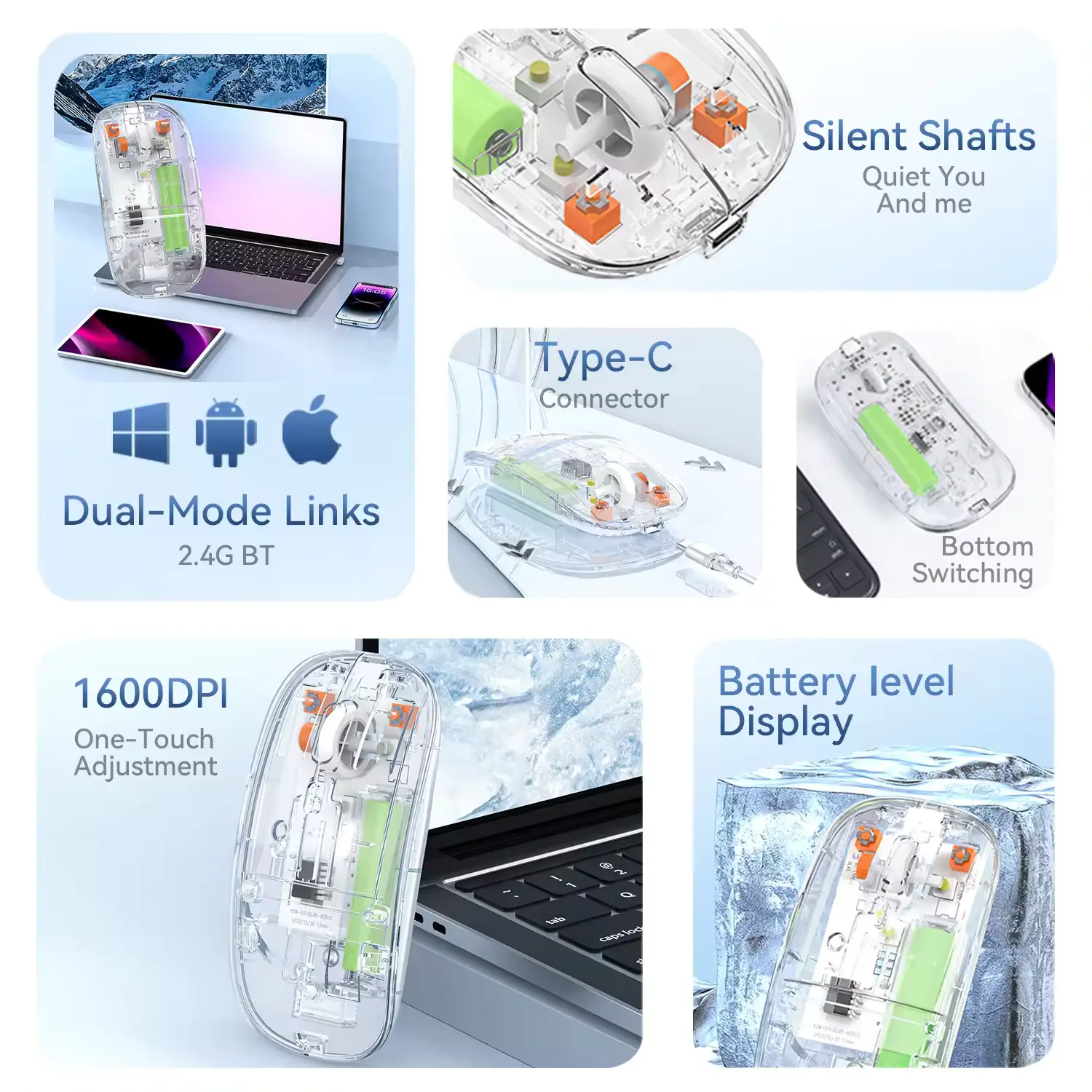 Transparent Wireless Bluetooth Mouse – Type-C Rechargeable