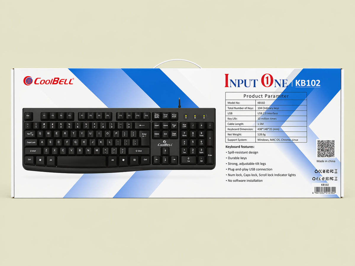Computer Input Ms Kb Sets CoolBell Input One KB-102 USB Wired Keyboard – Comfortable Typing – 1 ...
