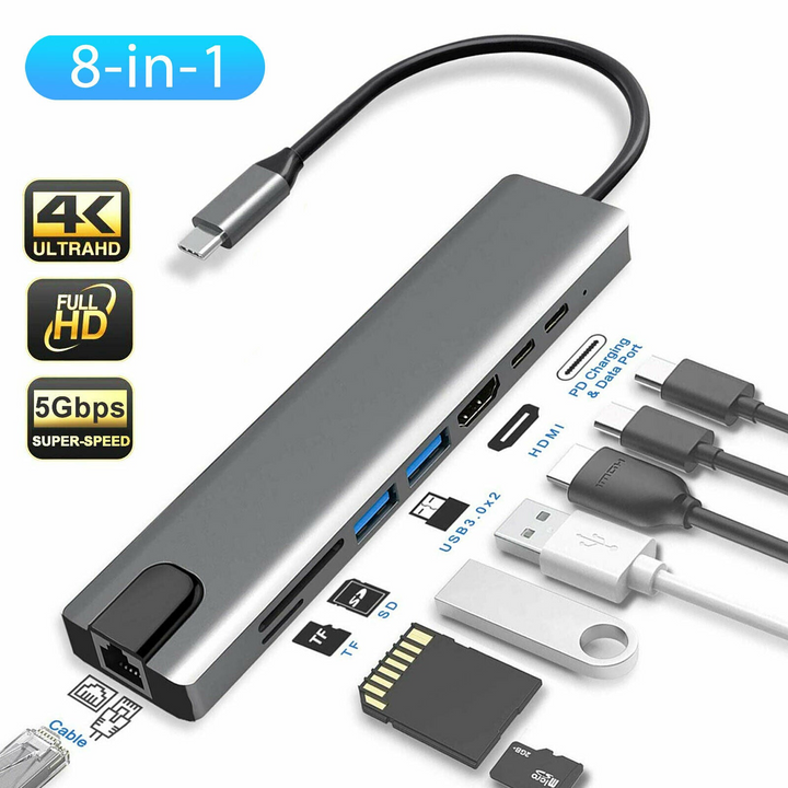 8 in 1 Multi-Port Type C to USB C 4K HDMI Adapter USB 3.0